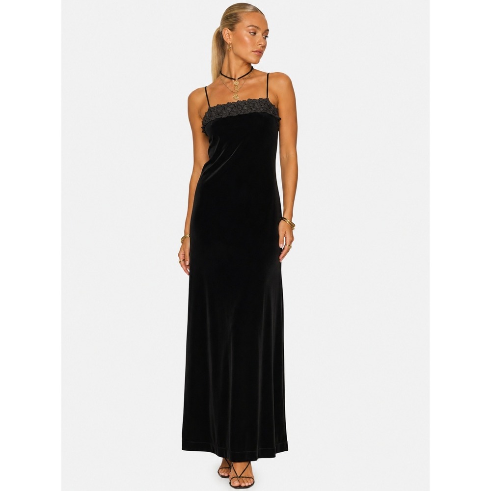 Jessica Howard Black Velvet Renaissance Fair Lace Trim Maxi Dress 10 M USA